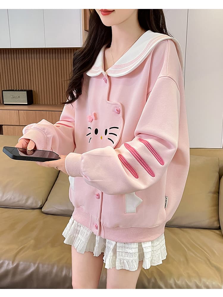 실사 한국 스타일 레트로 디자인 센스 하우스 멩 고양이 패치워크 배색 해군 칼라 재킷 다용도 긴팔 오픈 가디건 후드티 상세 이미지 20
