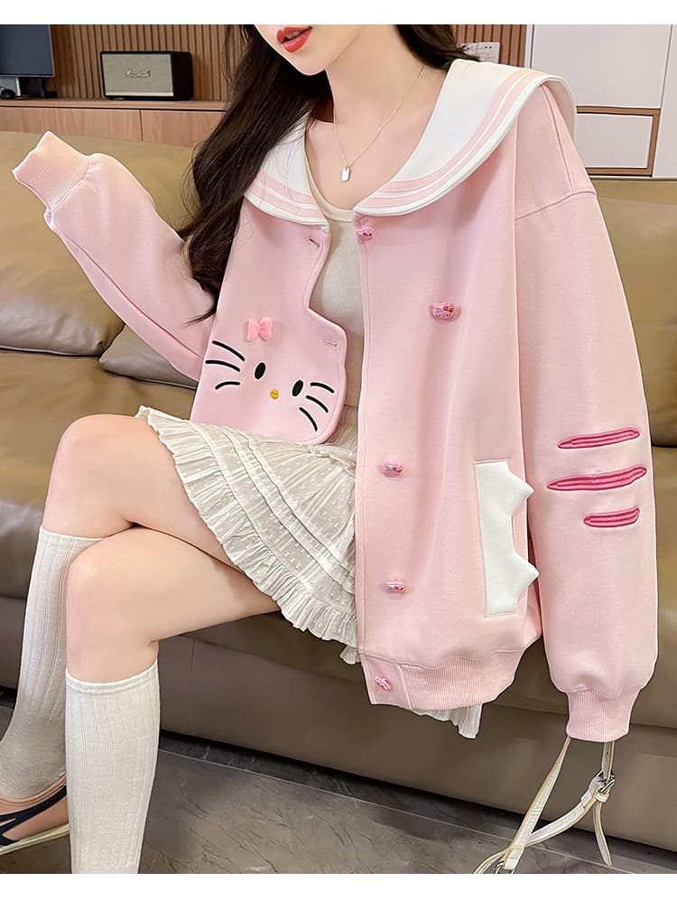 실사 한국 스타일 레트로 디자인 센스 하우스 멩 고양이 패치워크 배색 해군 칼라 재킷 다용도 긴팔 오픈 가디건 후드티 상세 이미지 24