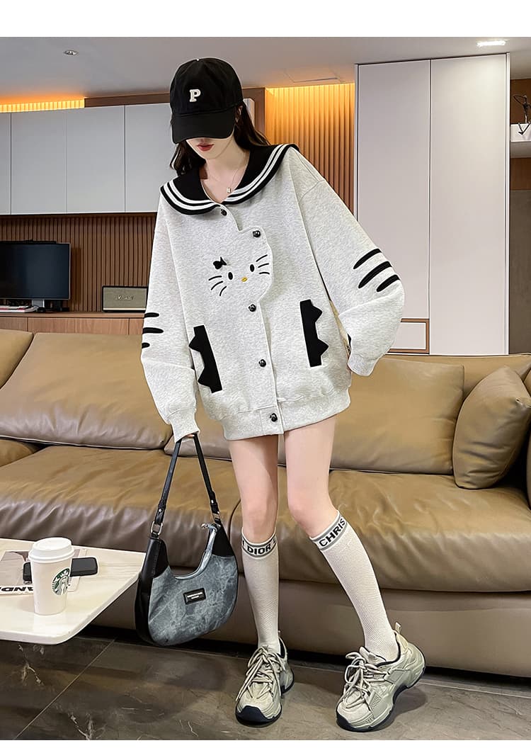 실사 한국 스타일 레트로 디자인 센스 하우스 멩 고양이 패치워크 배색 해군 칼라 재킷 다용도 긴팔 오픈 가디건 후드티 상세 이미지 25
