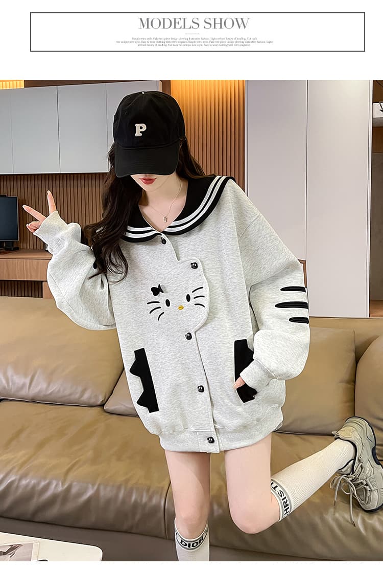 실사 한국 스타일 레트로 디자인 센스 하우스 멩 고양이 패치워크 배색 해군 칼라 재킷 다용도 긴팔 오픈 가디건 후드티 상세 이미지 26