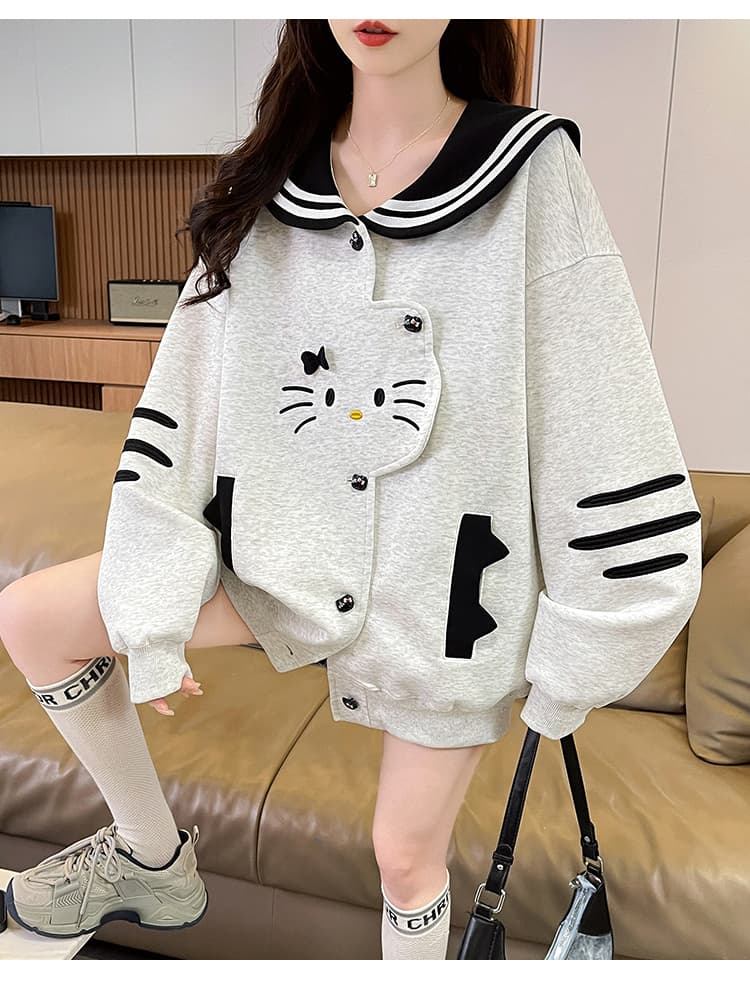 실사 한국 스타일 레트로 디자인 센스 하우스 멩 고양이 패치워크 배색 해군 칼라 재킷 다용도 긴팔 오픈 가디건 후드티 상세 이미지 30