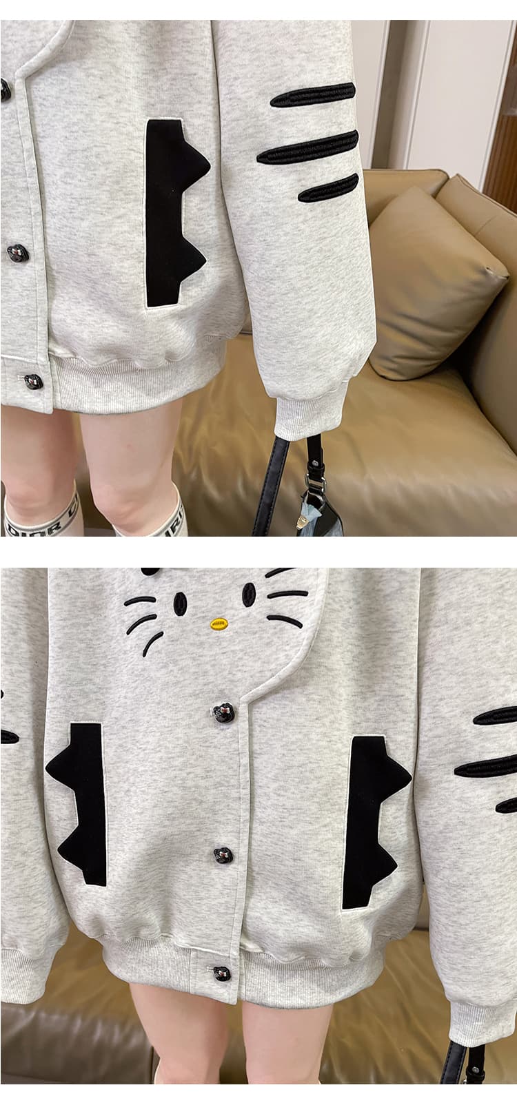 실사 한국 스타일 레트로 디자인 센스 하우스 멩 고양이 패치워크 배색 해군 칼라 재킷 다용도 긴팔 오픈 가디건 후드티 상세 이미지 34