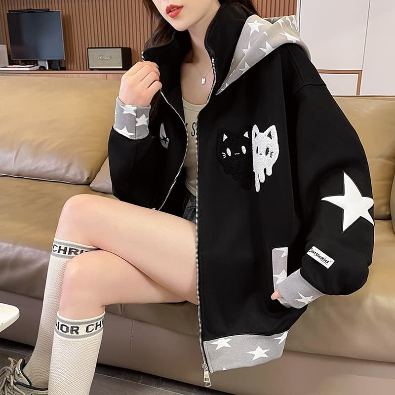아메리칸 별 고양이 자수 디자인 센스 후드 티 스웨터 여성 2026 가을 겨울 새로운 루즈핏 커플 카디건 코트 이미지 2