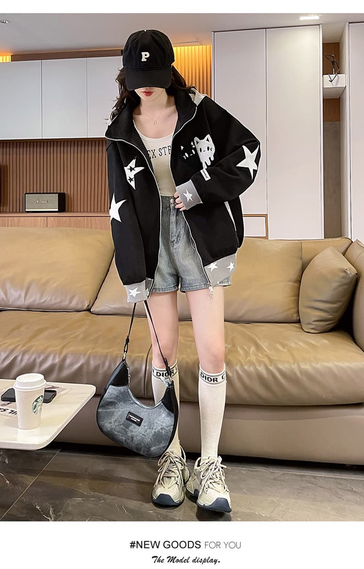아메리칸 별 고양이 자수 디자인 센스 후드 티 스웨터 여성 2026 가을 겨울 새로운 루즈핏 커플 카디건 코트 상세 이미지 19