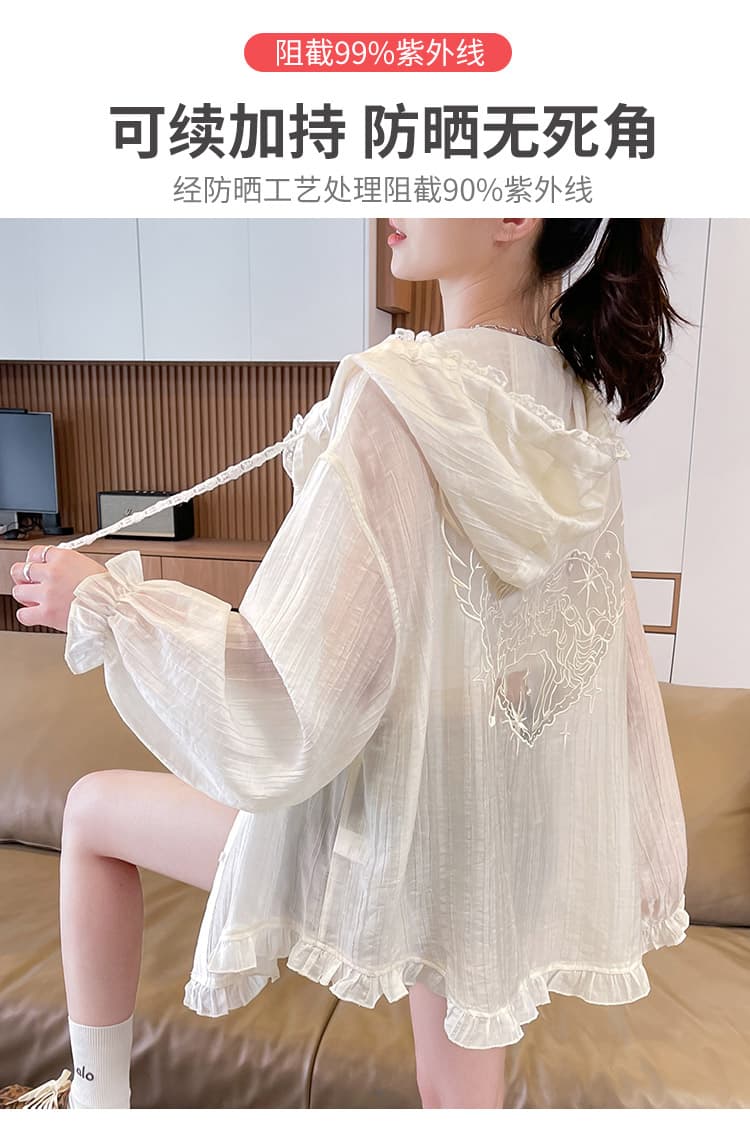 2026 새로운 실사 달콤함 홀로우 아웃 자수 자외선 차단 의류 후드 여성 코트 새로운 루즈핏 얇은 스타일 오픈 가디건 여름 상세 이미지 3