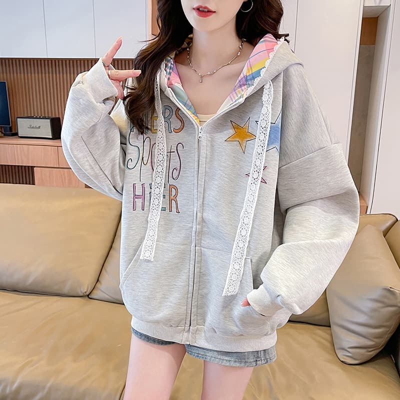 실사 2026 아메리칸 레트로 색상 별 낙서 오픈 가디건 후드 티 스웨터 ins 조수 브랜드 패치워크 체크무늬 재킷 이미지 5