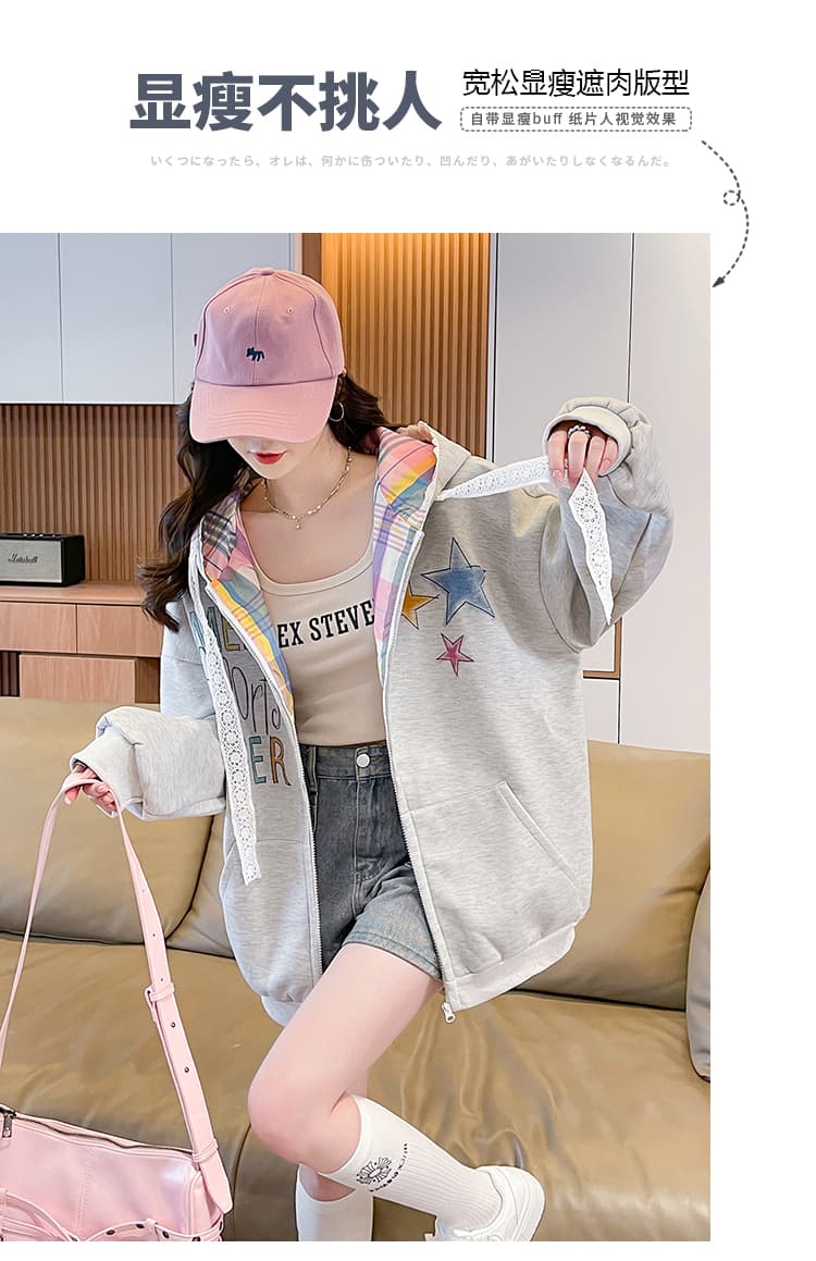 실사 2026 아메리칸 레트로 색상 별 낙서 오픈 가디건 후드 티 스웨터 ins 조수 브랜드 패치워크 체크무늬 재킷 상세 이미지 4