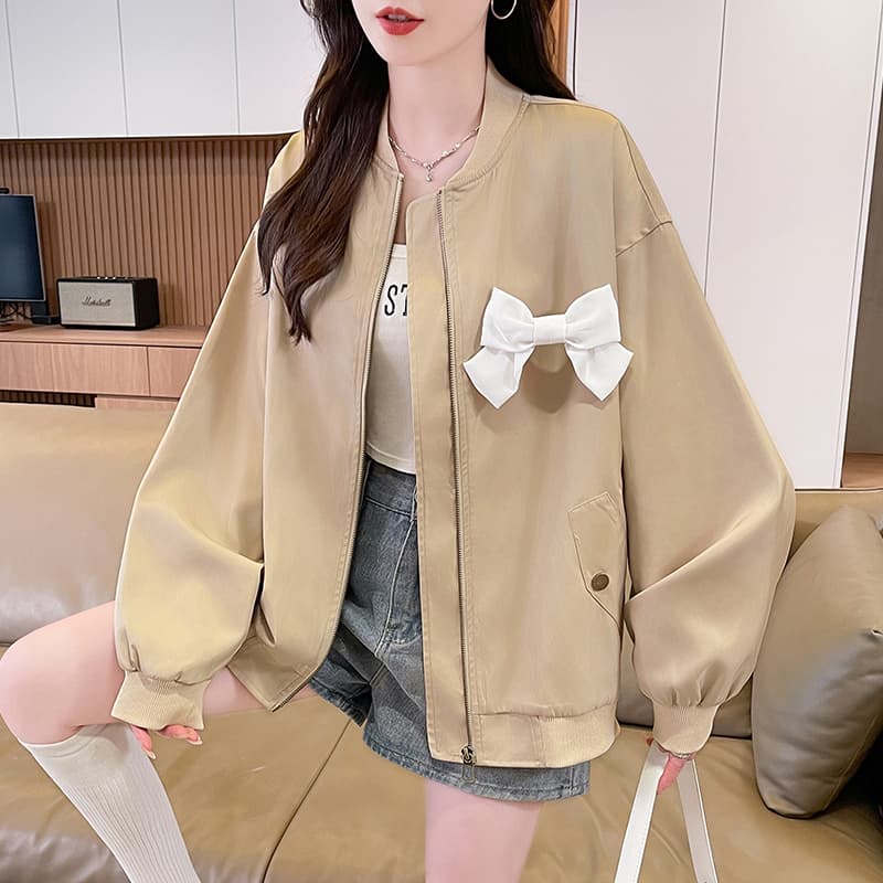 아메리칸 레트로 나비 매듭 카키 색 짧은 여성 코트 봄 한국 스타일 디자인 센스 루즈핏 연령 감소 야구 유니폼 재킷 이미지 3