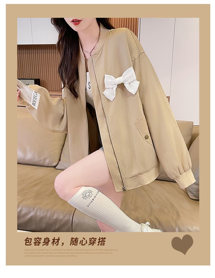 아메리칸 레트로 나비 매듭 카키 색 짧은 여성 코트 봄 한국 스타일 디자인 센스 루즈핏 연령 감소 야구 유니폼 재킷 상세 이미지 3