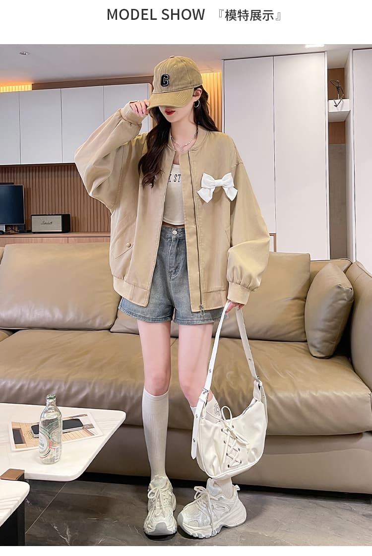 아메리칸 레트로 나비 매듭 카키 색 짧은 여성 코트 봄 한국 스타일 디자인 센스 루즈핏 연령 감소 야구 유니폼 재킷 상세 이미지 8