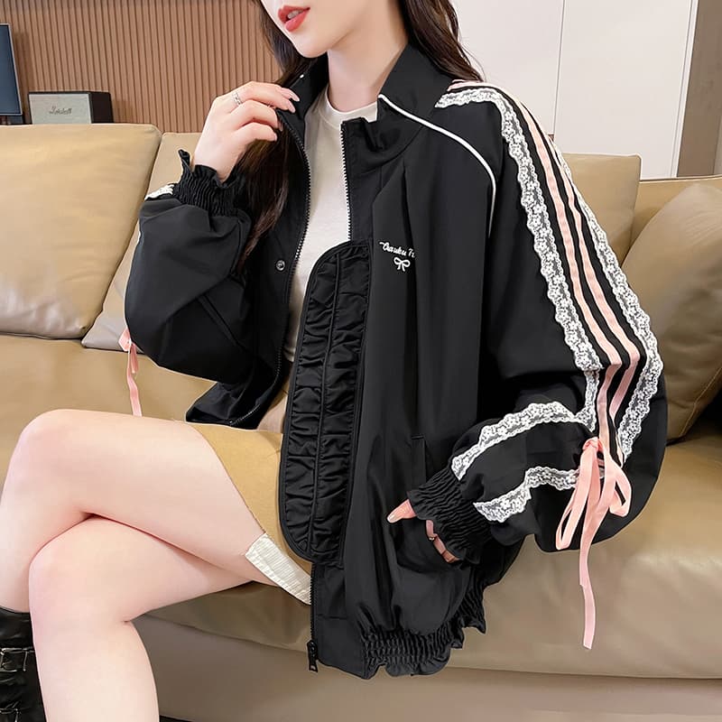 2026 실사 블랙 분말 패치워크 스탠드 칼라 재킷 여성 가을 자수 나비 매듭 맨위 야외 캐주얼 운동 재킷 이미지 5