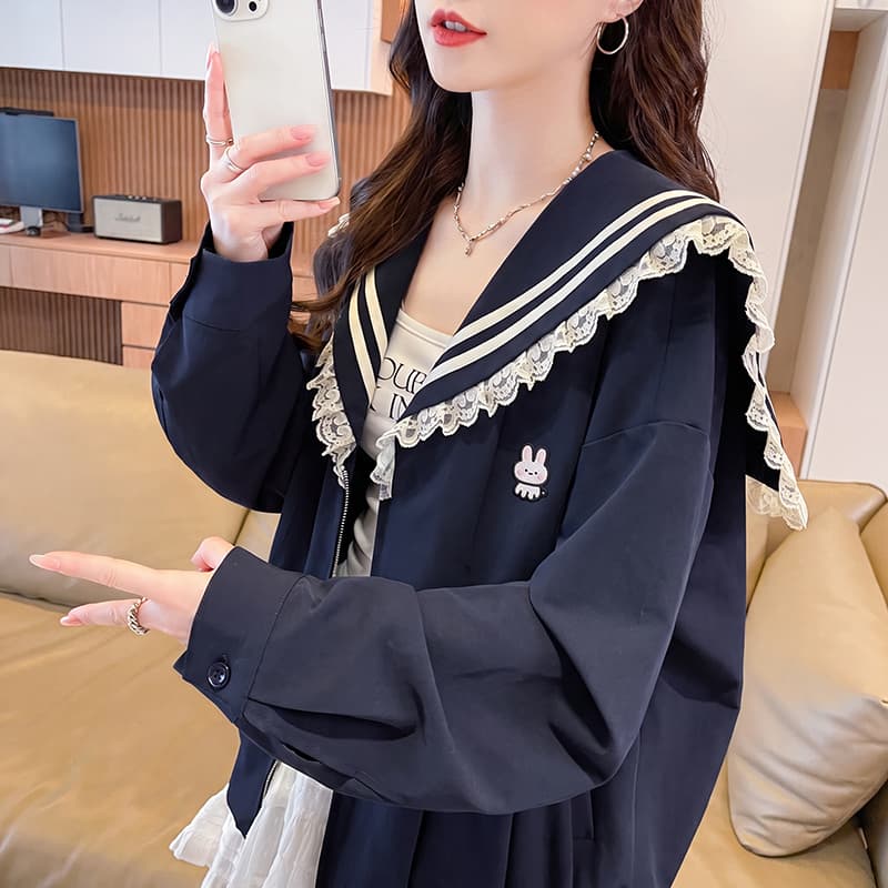 202 실사 학원 스타일 레이스 조각 해군 칼라 레트로 캐주얼 짧은 외투 이미지 4
