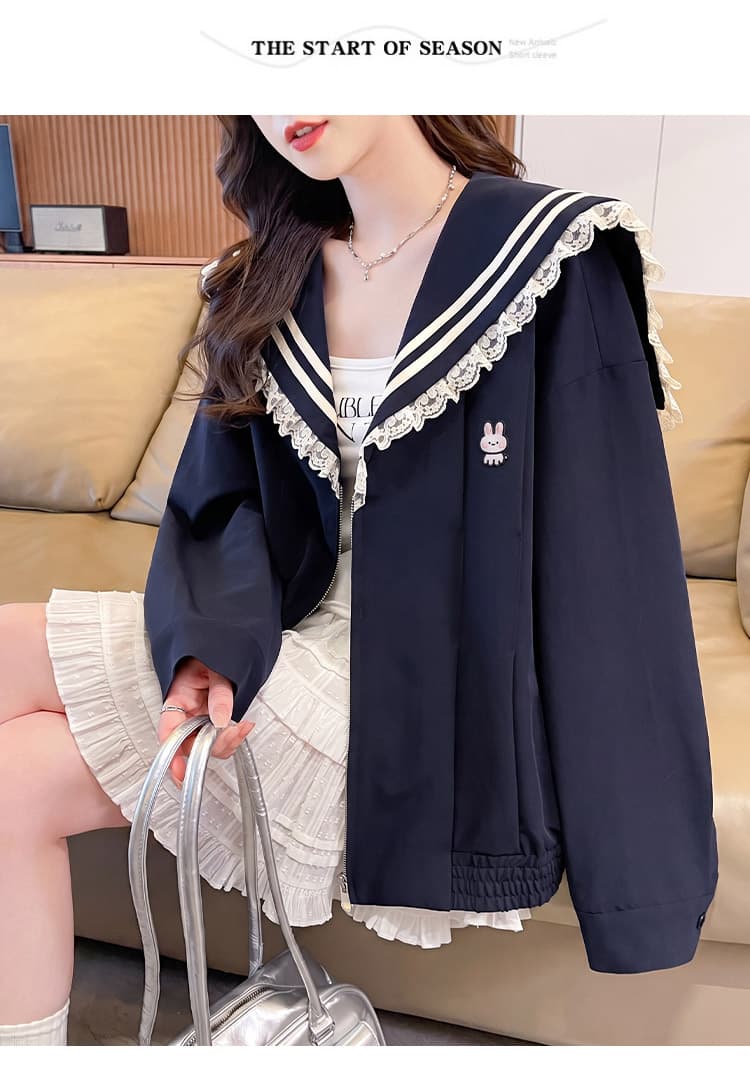 202 실사 학원 스타일 레이스 조각 해군 칼라 레트로 캐주얼 짧은 외투 상세 이미지 14