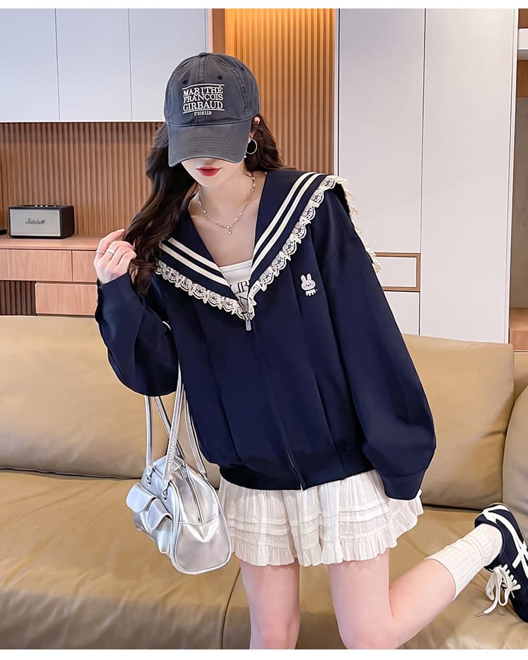 202 실사 학원 스타일 레이스 조각 해군 칼라 레트로 캐주얼 짧은 외투 상세 이미지 17