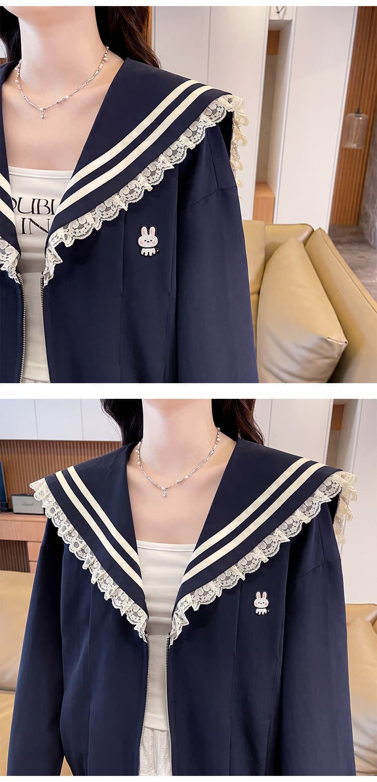 202 실사 학원 스타일 레이스 조각 해군 칼라 레트로 캐주얼 짧은 외투 상세 이미지 19