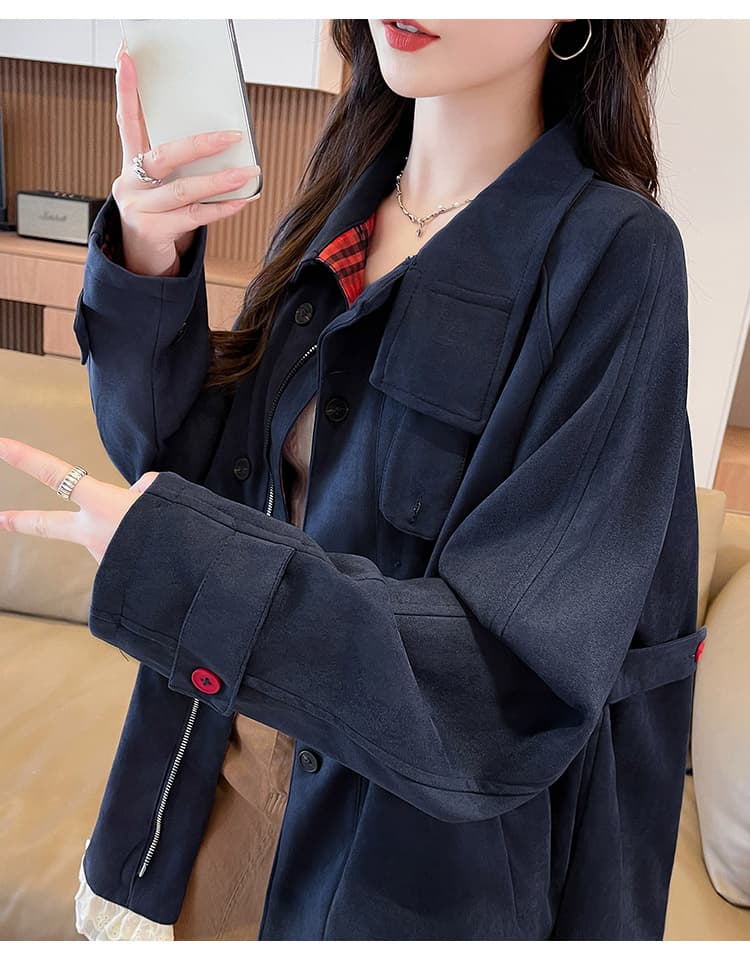 실사 양면 착용 체크무늬 디자인 센스 워크웨어 여성 코트 봄 가을 새로운 고유 한 슈퍼 잘 생긴 레트로 루즈핏 캐주얼 상세 이미지 23