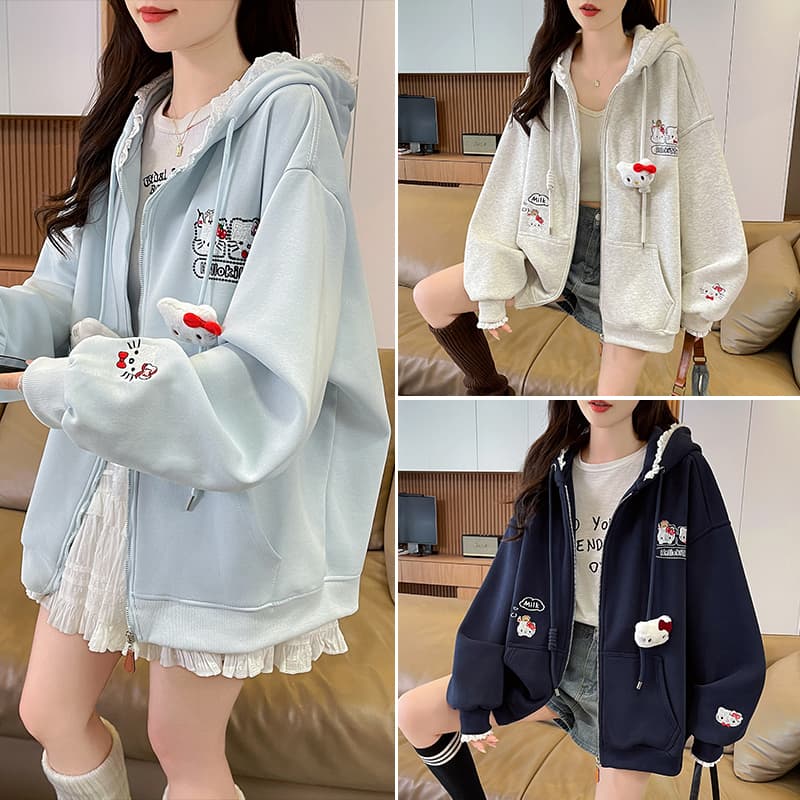실사 한 부서 달콤함 귀여운 kitty 자수 레이스 후드 오픈 가디건 후드티 여성 루즈핏 느긋한 재킷