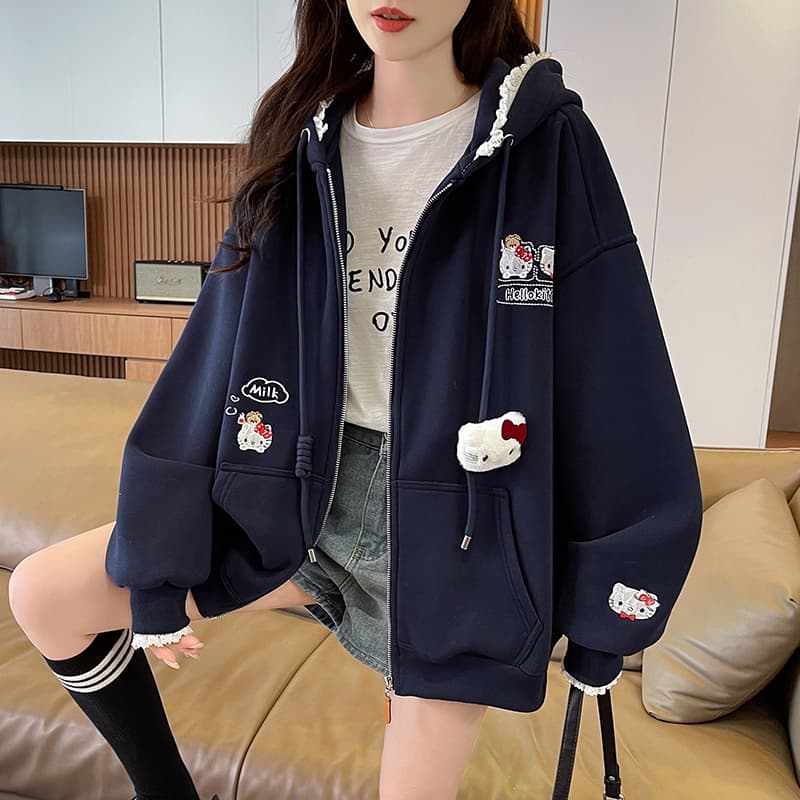 실사 한 부서 달콤함 귀여운 kitty 자수 레이스 후드 오픈 가디건 후드티 여성 루즈핏 느긋한 재킷 이미지 4