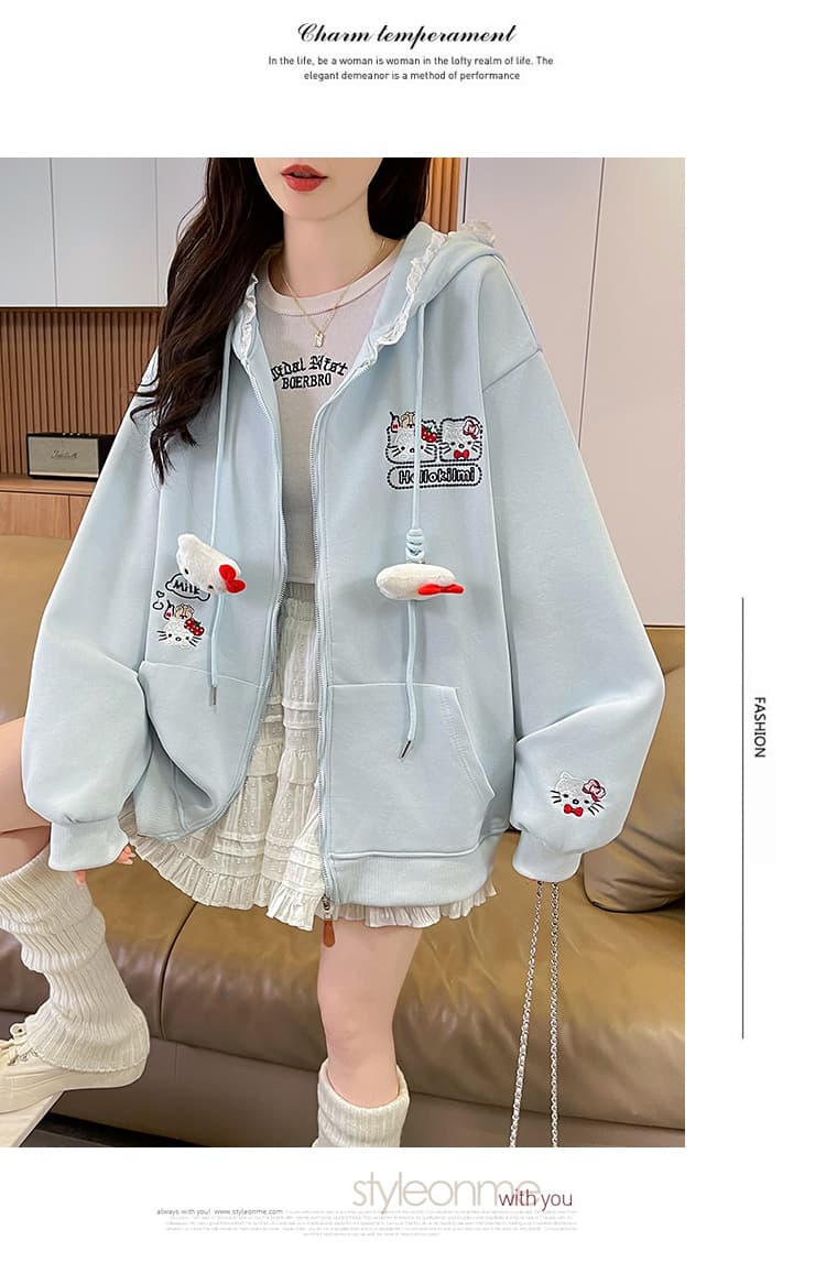 실사 한 부서 달콤함 귀여운 kitty 자수 레이스 후드 오픈 가디건 후드티 여성 루즈핏 느긋한 재킷 상세 이미지 11