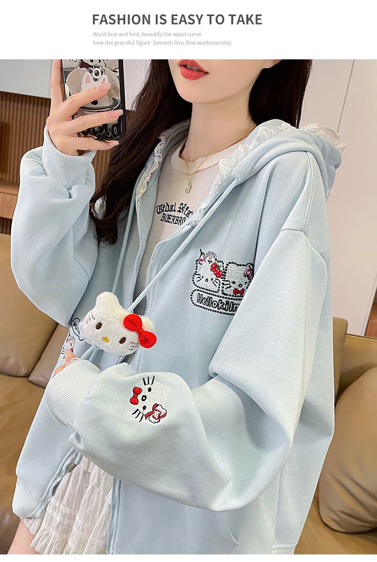 실사 한 부서 달콤함 귀여운 kitty 자수 레이스 후드 오픈 가디건 후드티 여성 루즈핏 느긋한 재킷 상세 이미지 13