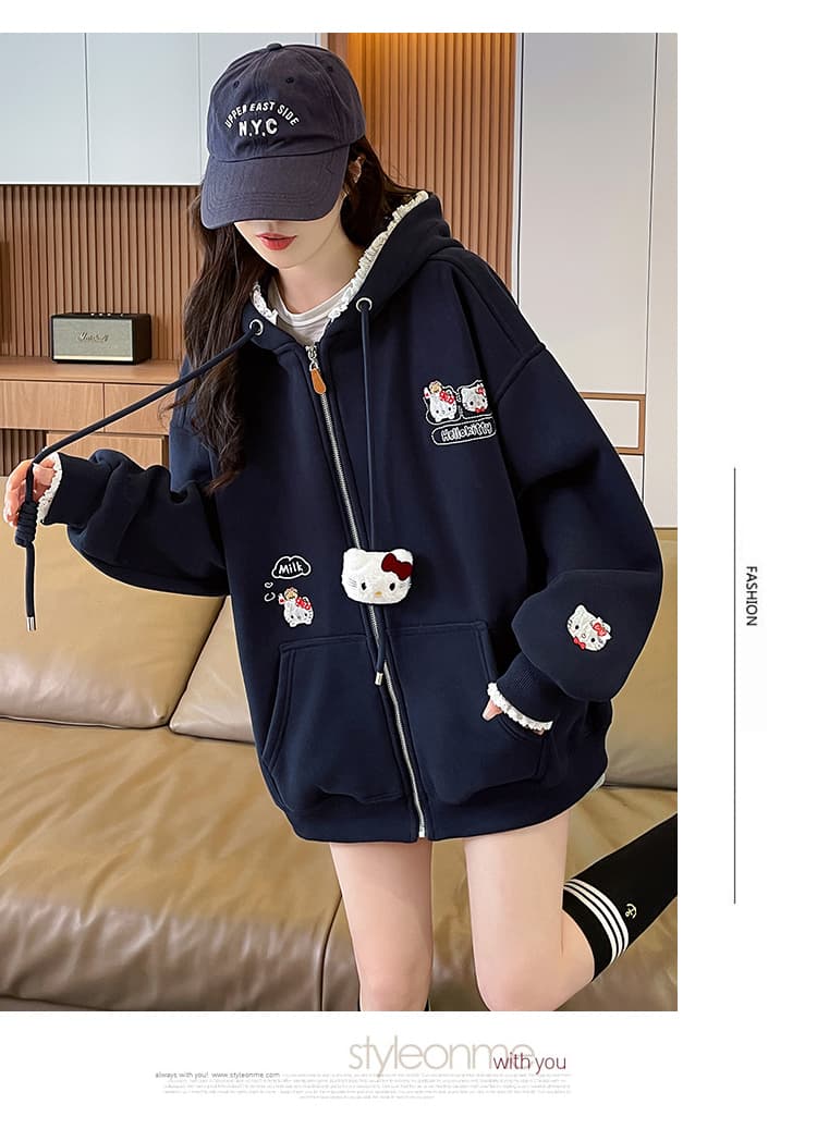 실사 한 부서 달콤함 귀여운 kitty 자수 레이스 후드 오픈 가디건 후드티 여성 루즈핏 느긋한 재킷 상세 이미지 18