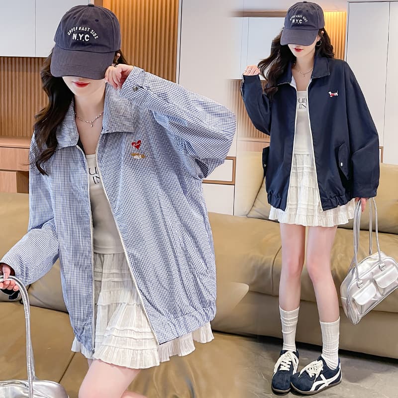 양면 착용 폴로 칼라 지퍼 여성 코트 봄 가을 루즈핏 다용도 느긋한 바람 강아지 자수 학생 재킷 맨위 이미지 2