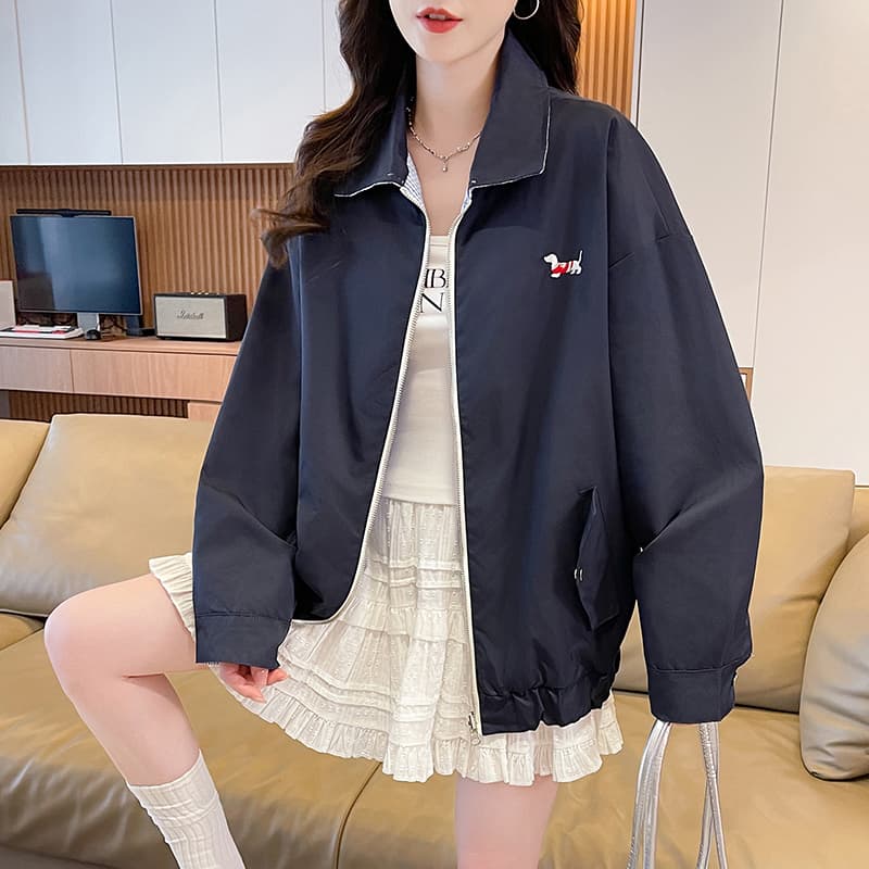 양면 착용 폴로 칼라 지퍼 여성 코트 봄 가을 루즈핏 다용도 느긋한 바람 강아지 자수 학생 재킷 맨위 이미지 5