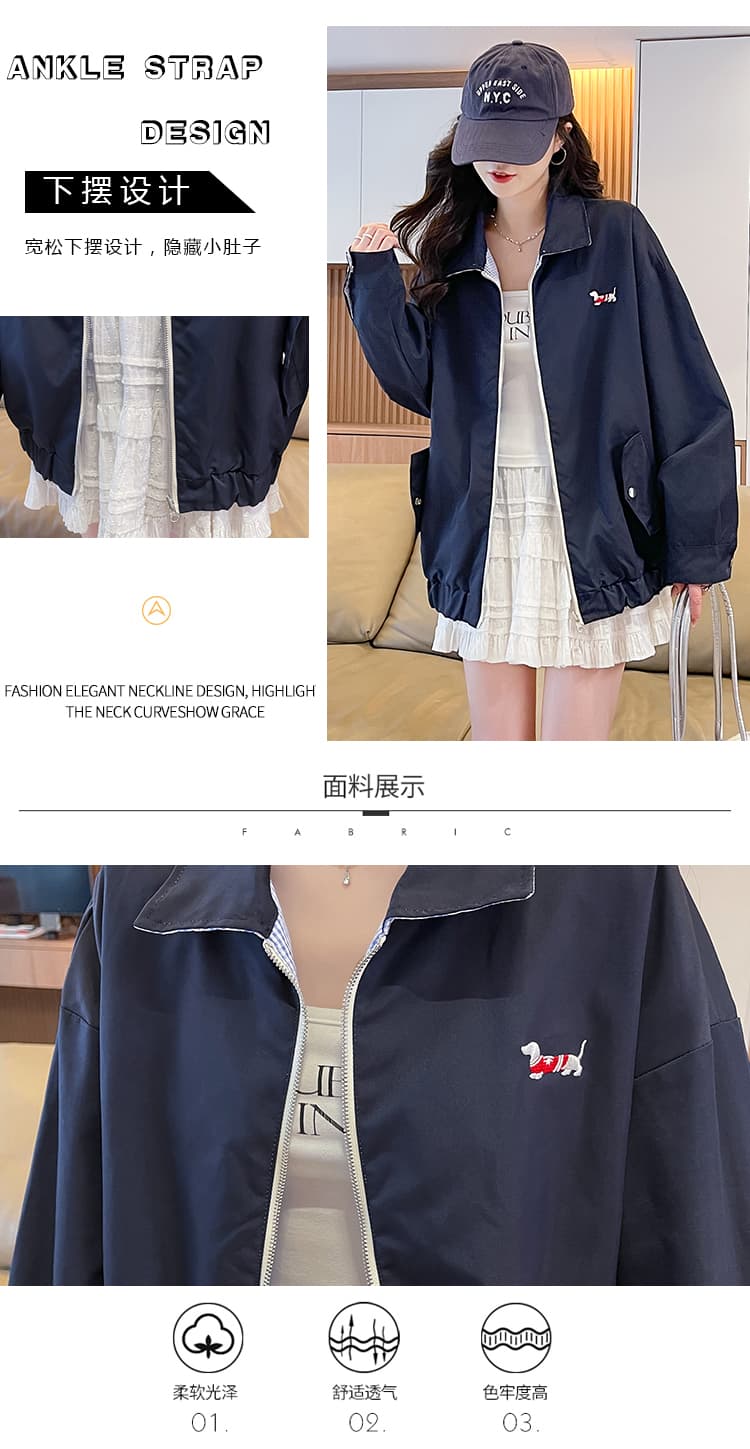 양면 착용 폴로 칼라 지퍼 여성 코트 봄 가을 루즈핏 다용도 느긋한 바람 강아지 자수 학생 재킷 맨위 상세 이미지 5