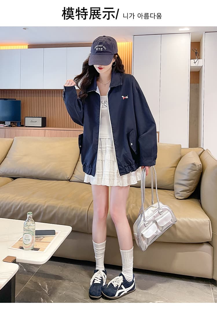 양면 착용 폴로 칼라 지퍼 여성 코트 봄 가을 루즈핏 다용도 느긋한 바람 강아지 자수 학생 재킷 맨위 상세 이미지 8