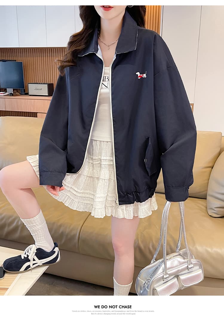 양면 착용 폴로 칼라 지퍼 여성 코트 봄 가을 루즈핏 다용도 느긋한 바람 강아지 자수 학생 재킷 맨위 상세 이미지 9