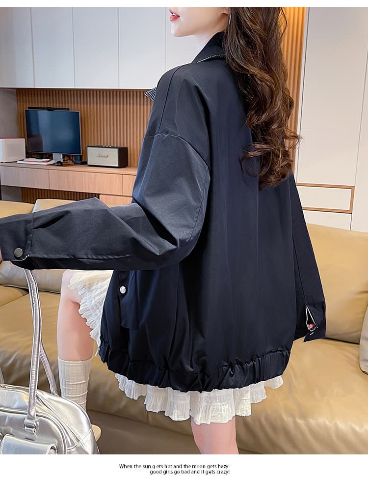 양면 착용 폴로 칼라 지퍼 여성 코트 봄 가을 루즈핏 다용도 느긋한 바람 강아지 자수 학생 재킷 맨위 상세 이미지 11