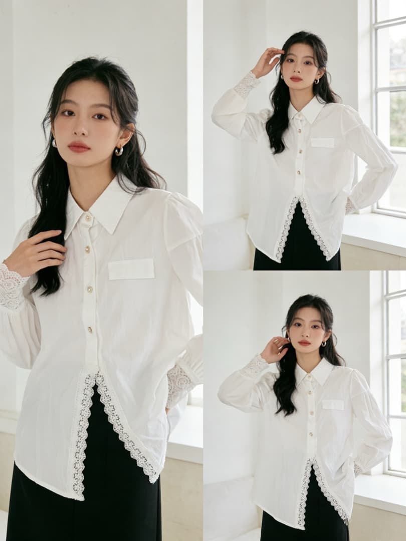2026 봄 새로운 일본과 한국 낭만주의 바람 벌룬 소매 여성 셔츠 레이스 조각 작은 대중 패션 디자인 센스 맨위 이미지 4