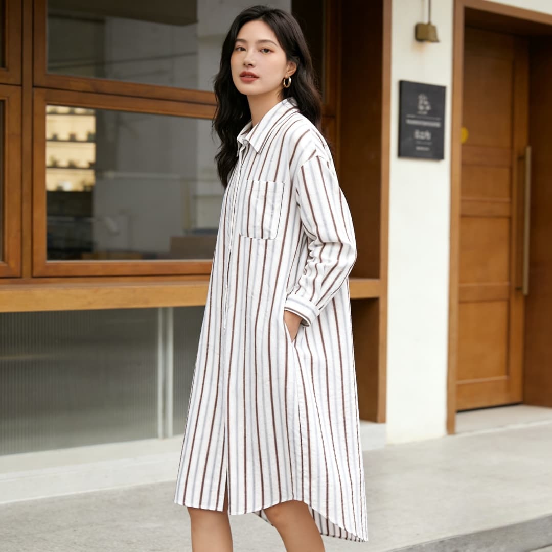 한국 chic 가을 새로운 프랑스식 레트로 색상 스트라이프 루즈핏 셔츠 여성 드레스 한 부서 중간 길이 치마 상세 이미지 10