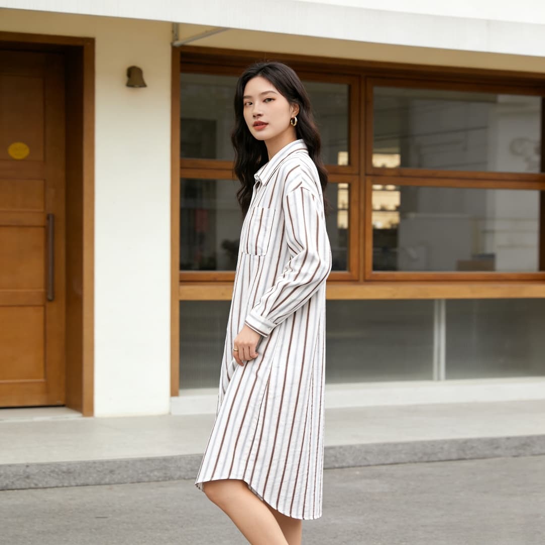 한국 chic 가을 새로운 프랑스식 레트로 색상 스트라이프 루즈핏 셔츠 여성 드레스 한 부서 중간 길이 치마 상세 이미지 11