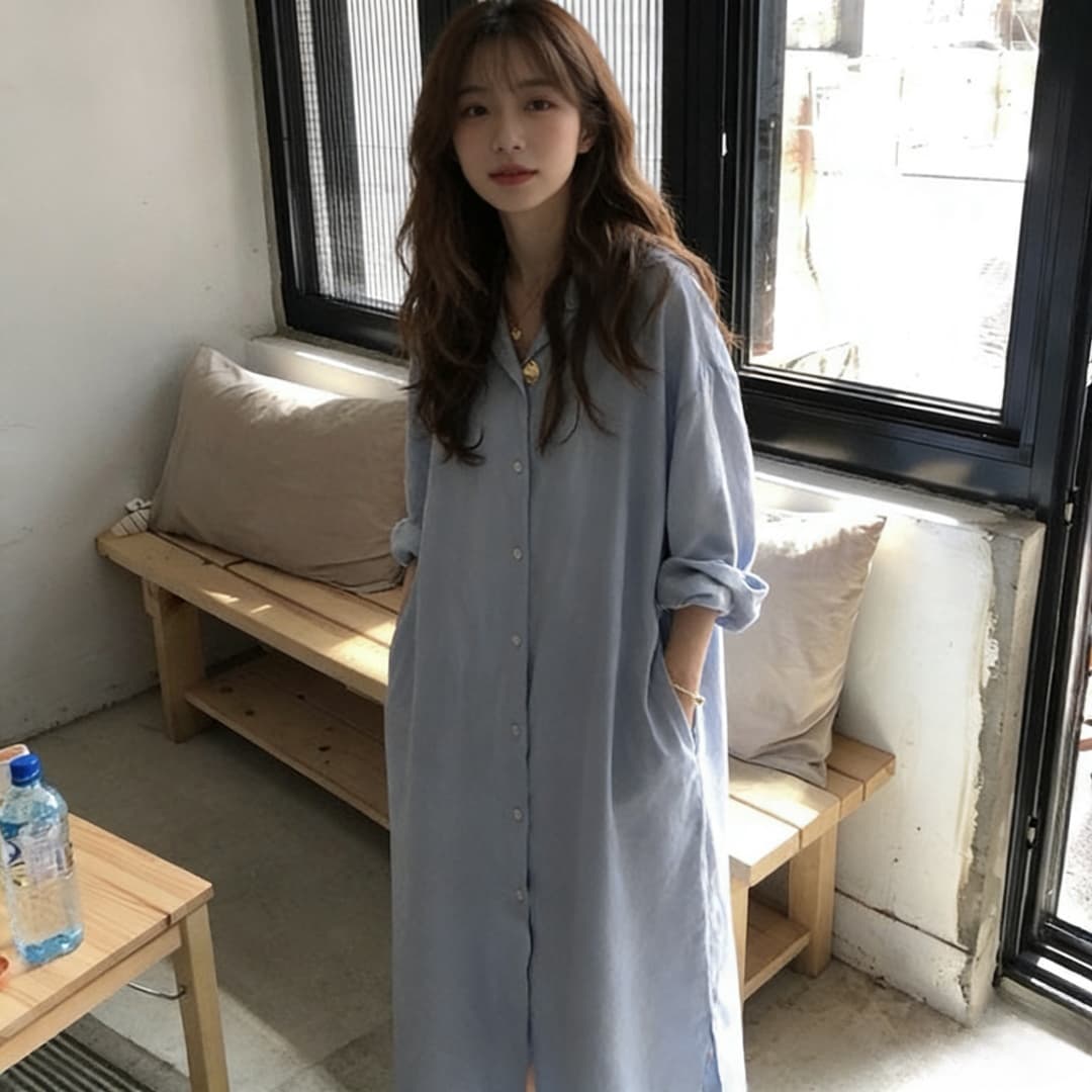 한 부서 파란색 여성 셔츠 봄 여름 2026 년 새로운 루즈핏 롱 코트 재킷 무릎 아래 자외선 차단 셔츠 드레스 트렌디 상세 이미지 6
