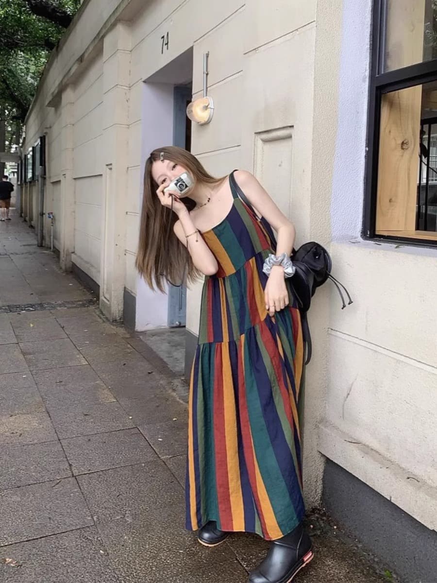 예술 패치워크 2026 여름 한 부서 새로운 디자인 센스 레트로 루즈핏 예술 팬 무지개 기사 슬립 드레스 상세 이미지 3