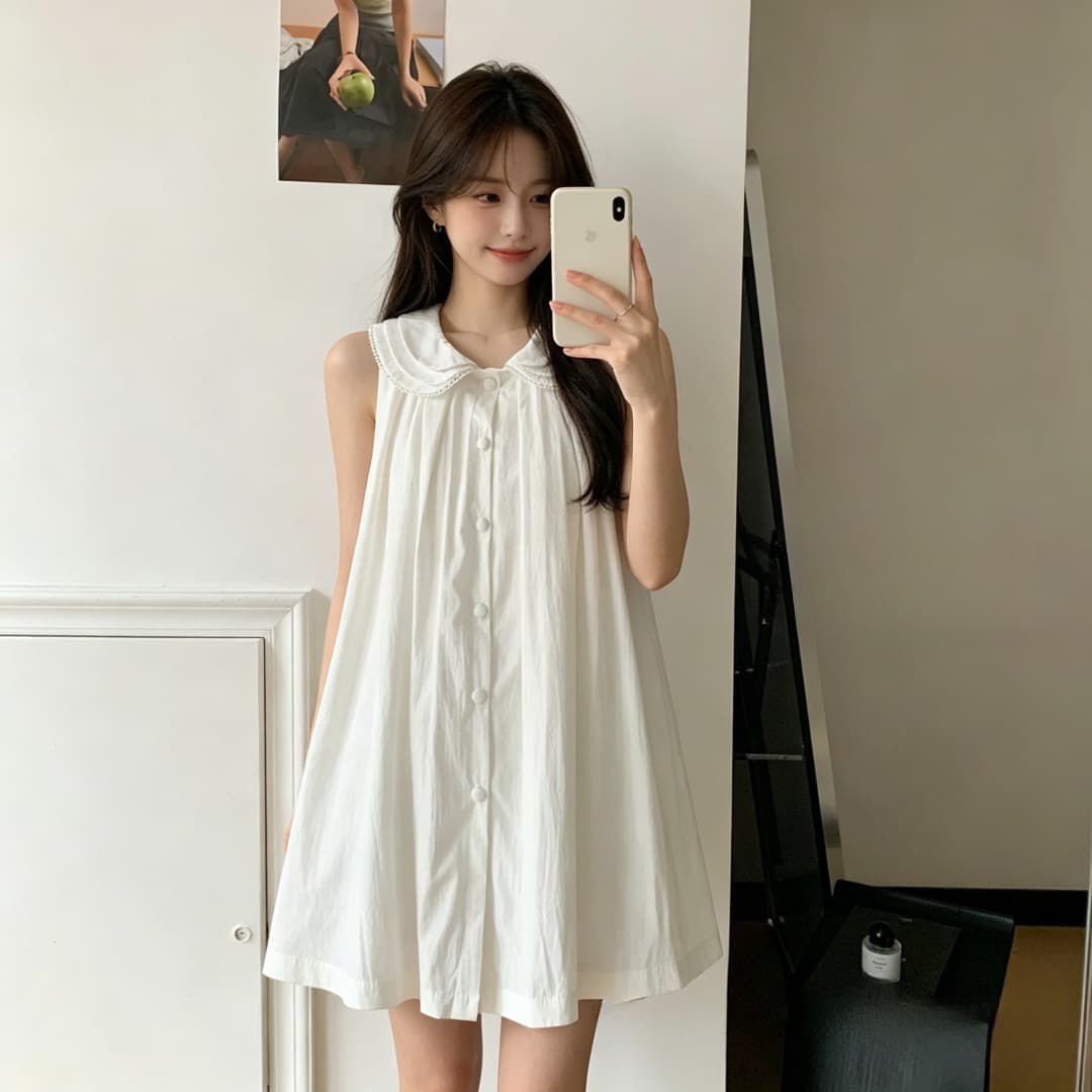 한 부서 천 골드 아니요 명중 섹션 2026 여름 여성 드레스 작은 키 슬림해 보이는 휴가 민소매 3층 칼라 조끼 스커트 이미지 3