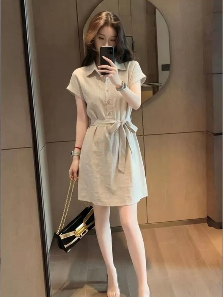 여름 새로운 한 스타일 캐주얼 바람 폴로 칼라 반팔 셔츠 드레스 여성 의류 허리 수축 한 마디 드레스 고급 센스 티셔츠 치마 상세 이미지 2