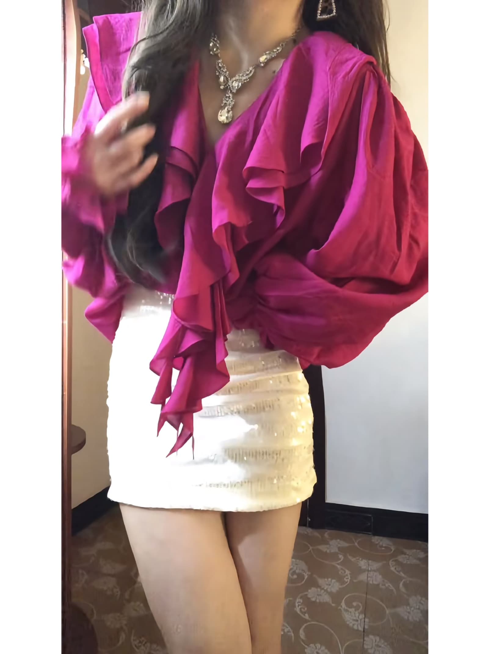 프릴 칼라 프랑스식 셔츠 루즈핏 Chic 긴팔 디자인 맨위 순수한 욕망 바람 스팽글 반신 치마 세트 이미지 4