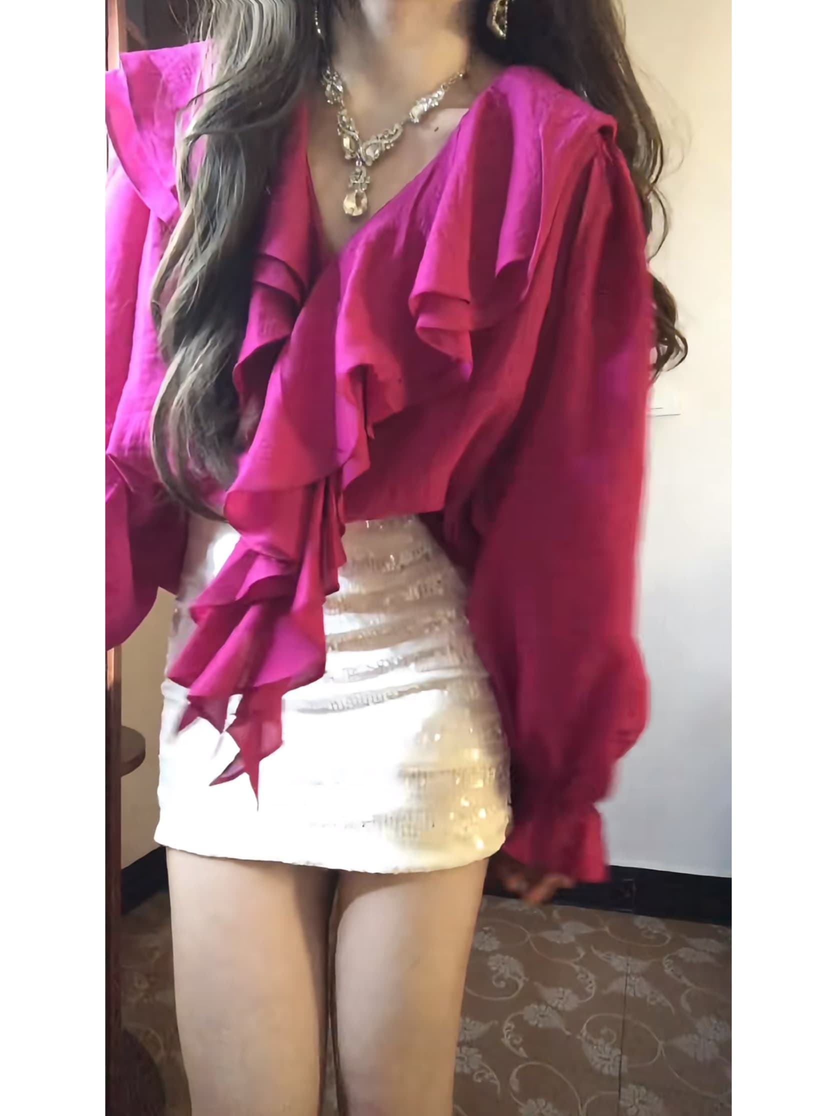 프릴 칼라 프랑스식 셔츠 루즈핏 Chic 긴팔 디자인 맨위 순수한 욕망 바람 스팽글 반신 치마 세트 상세 이미지 2