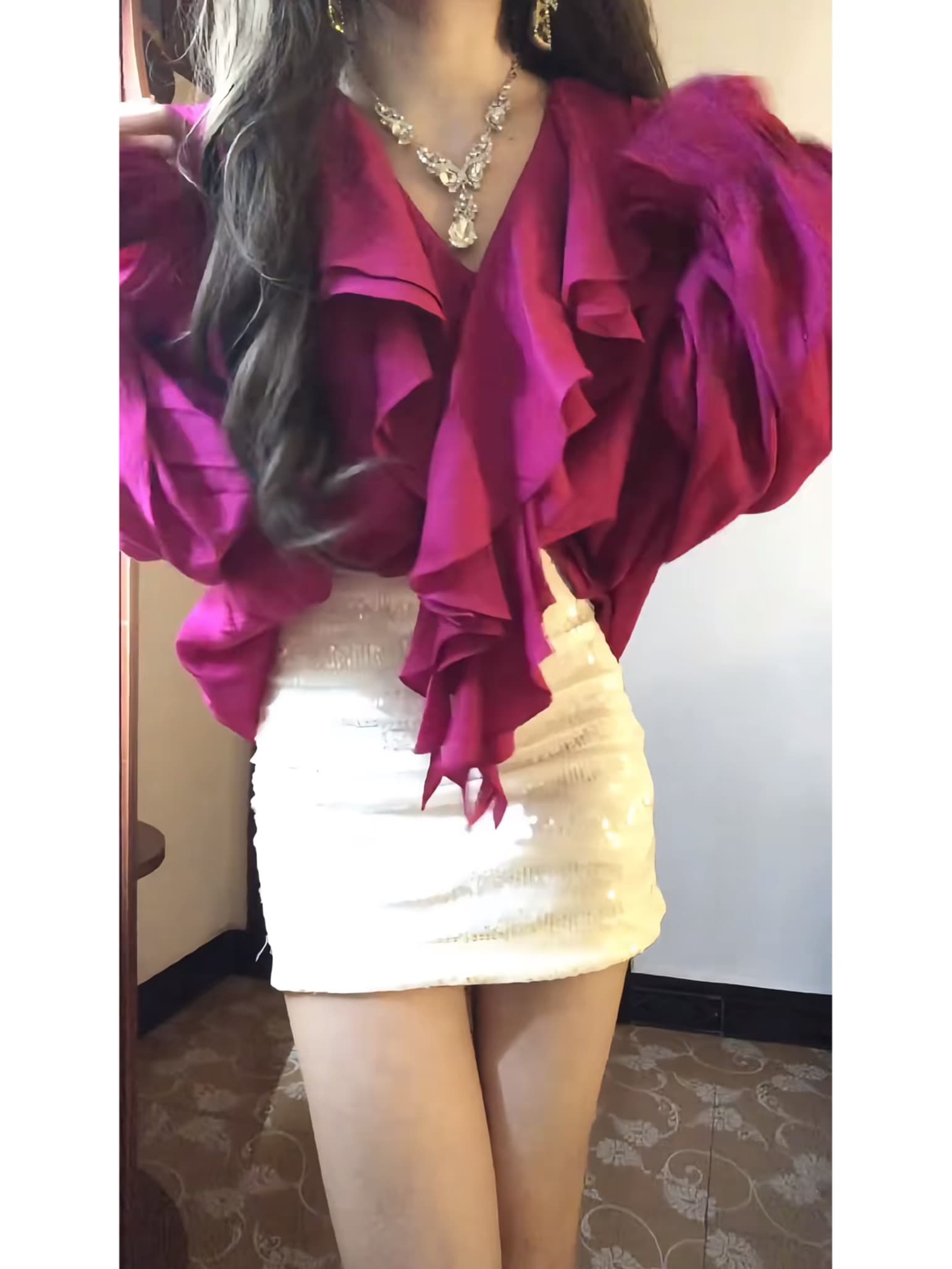 프릴 칼라 프랑스식 셔츠 루즈핏 Chic 긴팔 디자인 맨위 순수한 욕망 바람 스팽글 반신 치마 세트 상세 이미지 4