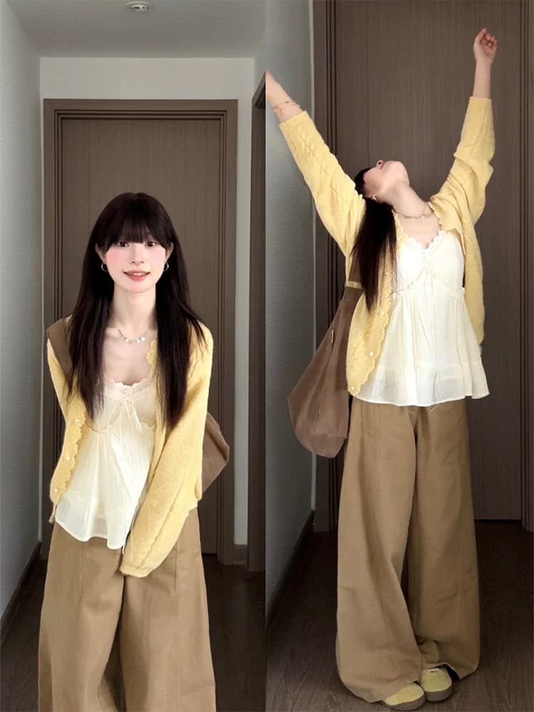 샤오홍 예약하기 폭발 봄 디스플레이 화이트 오픈 가디건 플러스 레이스 슬립 플러스 카키 와이드 레그 팬츠 세트 상세 이미지 5