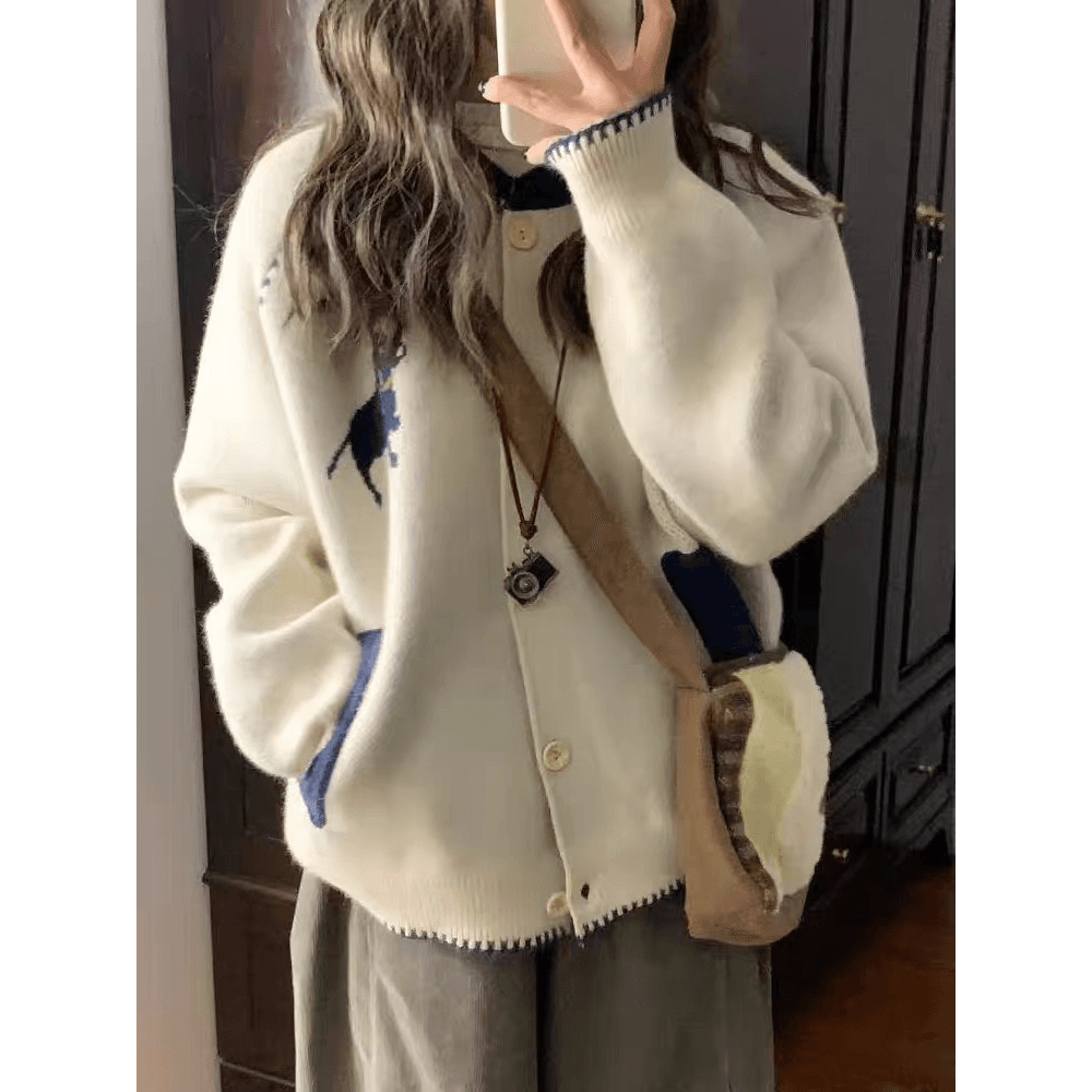 두꺼운 에디션 느긋한 바람 배색 싱글 줄 버튼 스웨터 오픈 가디건 여성 가을 의상 새로운 한국 스타일 루즈핏 니트 재킷 트렌디 이미지 5