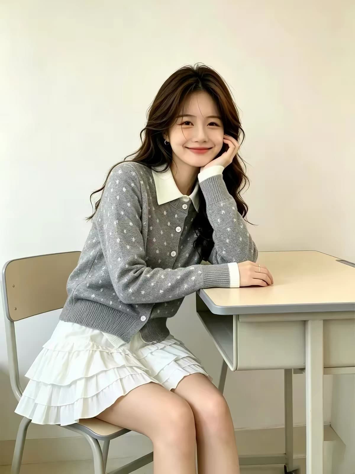 회색 긍정적 인 어깨 POLO 칼라 페이크 레이어드 긴팔 스웨터 오픈 가디건 여성 코트 이른 가을 몸매 가꾸기 슬림해 보이는 니트 스웨터 맨위 이미지 3