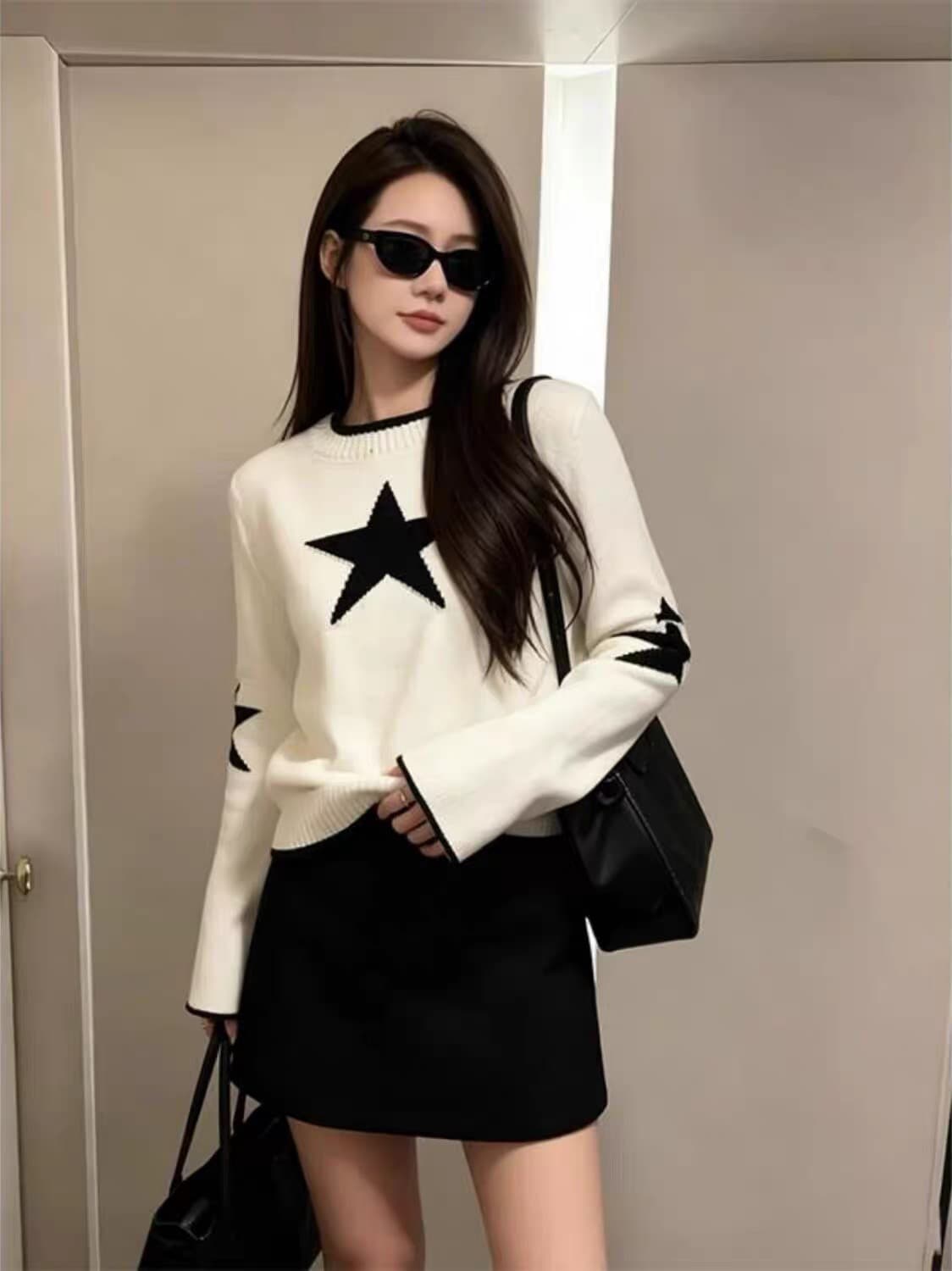 전체 집합 ootd 착용 가져 가라. 한 부서 이리저리 떠다니다 번쩍였다 조각 라운드 넥 긴팔 니트 맨위 하이웨이스트 슬림해 보이는 다용도 반신 스커트 상세 이미지 4
