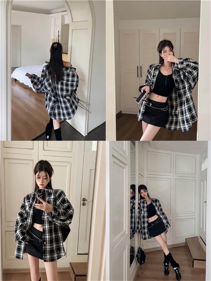 실사 정가 이른 가을 한국 스타일 레트로 격자 무늬 셔츠 재킷 디자인 센스 작은 대중 차 휴식 느긋한 바람 루즈핏 맨위 이미지 4