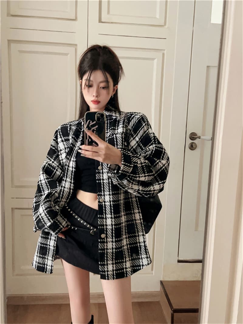 실사 정가 이른 가을 한국 스타일 레트로 격자 무늬 셔츠 재킷 디자인 센스 작은 대중 차 휴식 느긋한 바람 루즈핏 맨위 상세 이미지 2