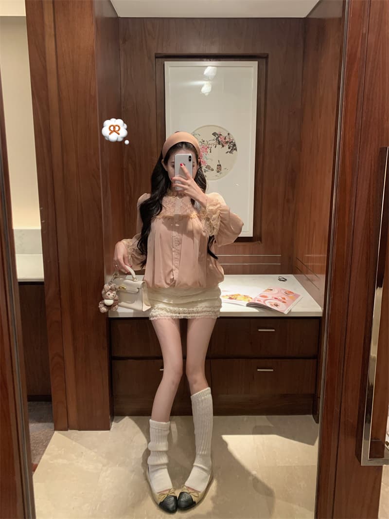 실사 정가 프랑스식 디자인 센스 무거운 작업 레이스 조각 쉬폰 블라우스 작은 셔츠 루즈핏 슬림해 보이는 블라우스 상세 이미지 13