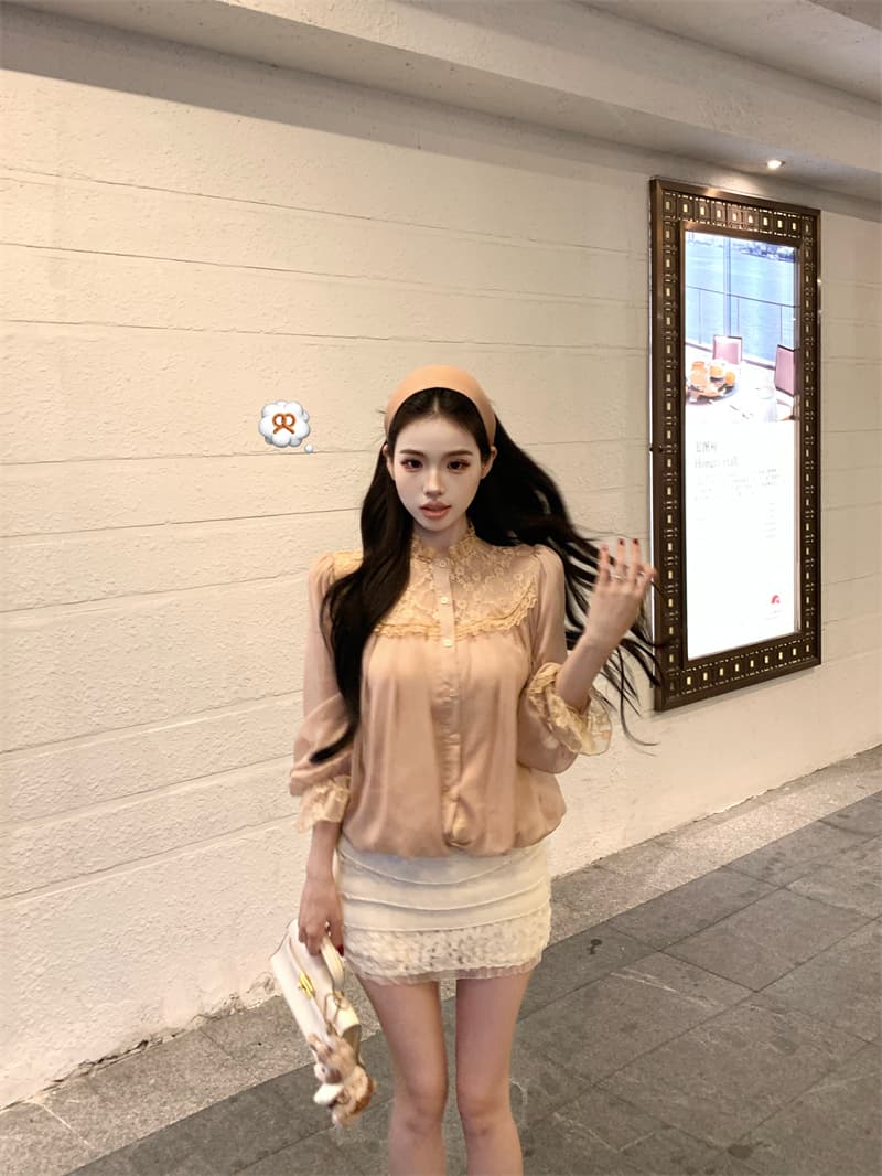 실사 정가 프랑스식 디자인 센스 무거운 작업 레이스 조각 쉬폰 블라우스 작은 셔츠 루즈핏 슬림해 보이는 블라우스 상세 이미지 15