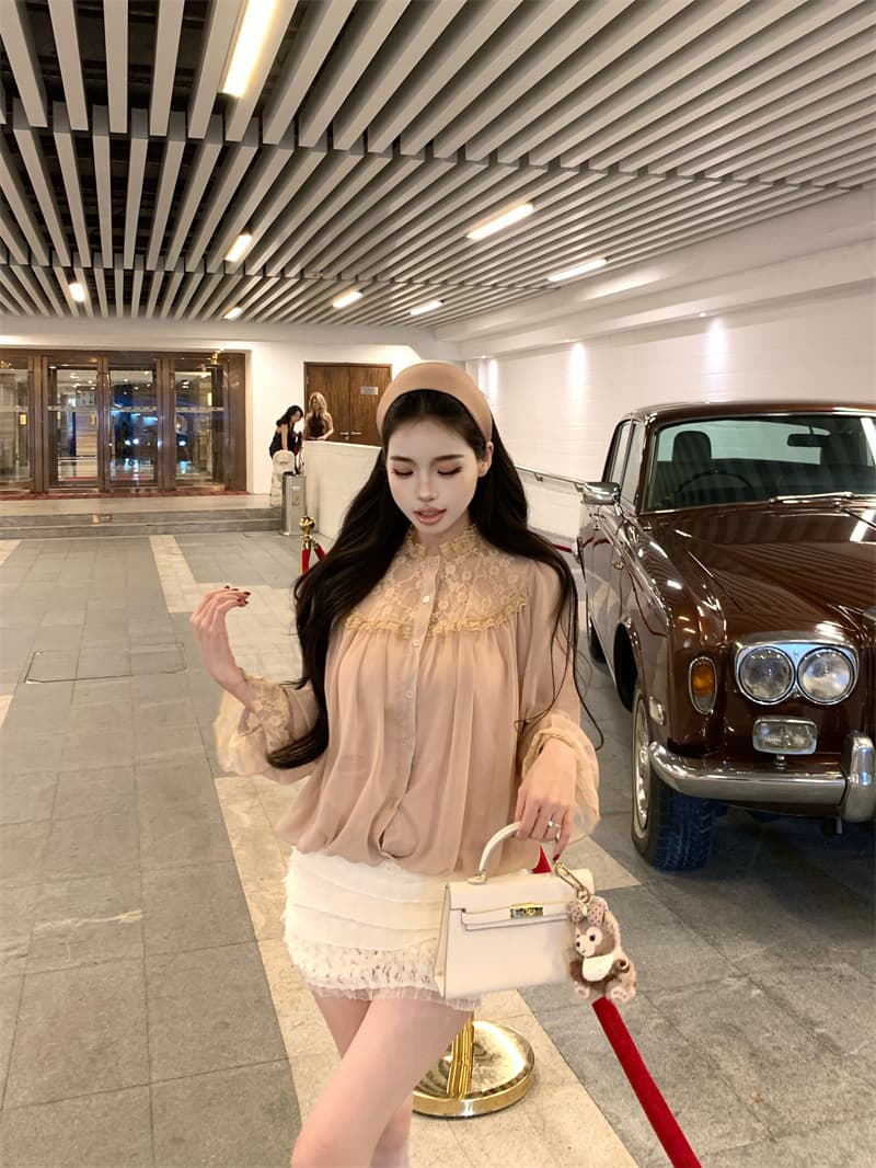 실사 정가 프랑스식 디자인 센스 무거운 작업 레이스 조각 쉬폰 블라우스 작은 셔츠 루즈핏 슬림해 보이는 블라우스 상세 이미지 16